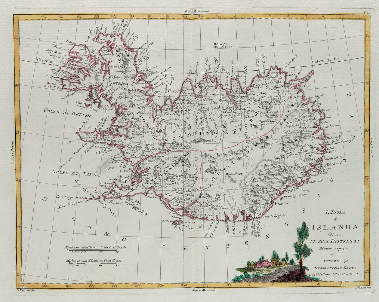 Piireihinsä jaettu Islanti, G. Zulianin kaiverrus, joka on otettu Antonio Zattan Venetsiassa vuonna 1781 julkaiseman "Uusimman atlasin" Tome III:sta, yksityiskokoelma tekijältä G. Zuliani