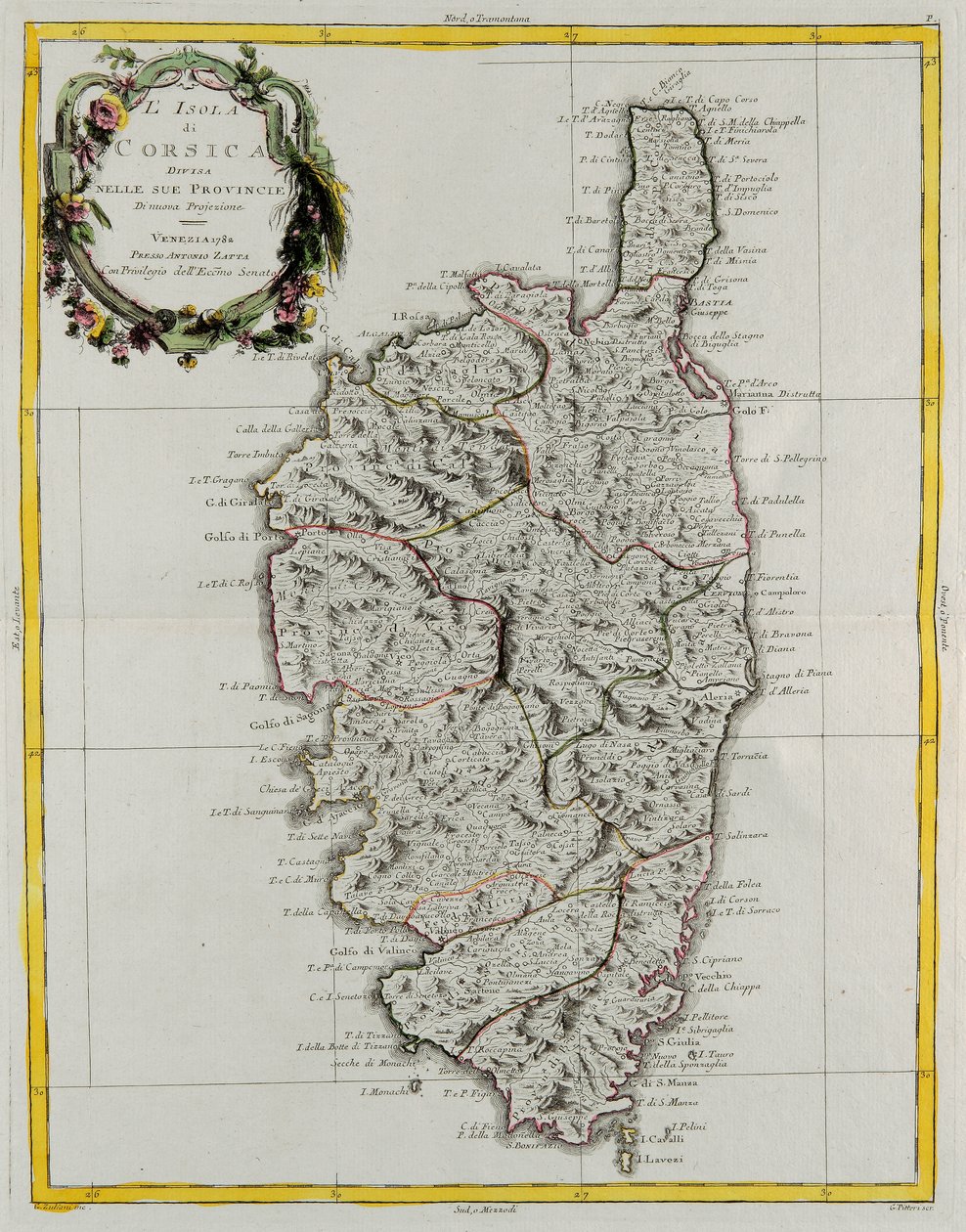 Provinsseihinsa jaettu Korsikan saari, G. Zulianin kaiverrus Tome II:sta Venetsiassa vuonna 1782 julkaistusta Antonio Zattan yksityiskokoelmasta "Uusimman atlas" tekijältä G. Zuliani