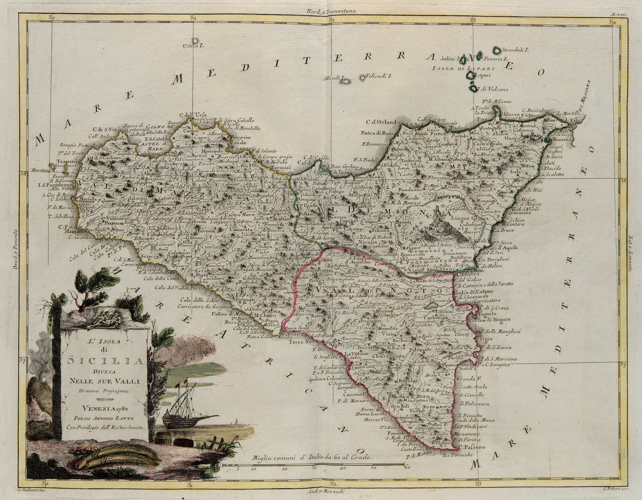 Sisilian saari, jaettu laaksoihinsa, G. Zulianin kaiverrus, joka on otettu Antonio Zattan Venetsiassa vuonna 1782 julkaisemasta uusimman atlasin Tome II:sta, yksityinen kokoelma tekijältä G. Zuliani