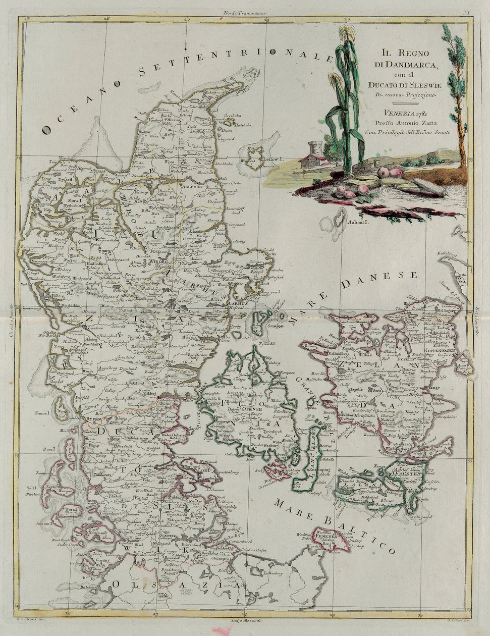 Tanskan kuningaskunta Slesvikin herttuakunnan kanssa, G. Zulianin kaiverrus Tome III:sta Venetsiassa vuonna 1781 julkaistusta Antonio Zattan "Uusimasta atlasesta", yksityiskokoelma tekijältä G. Zuliani