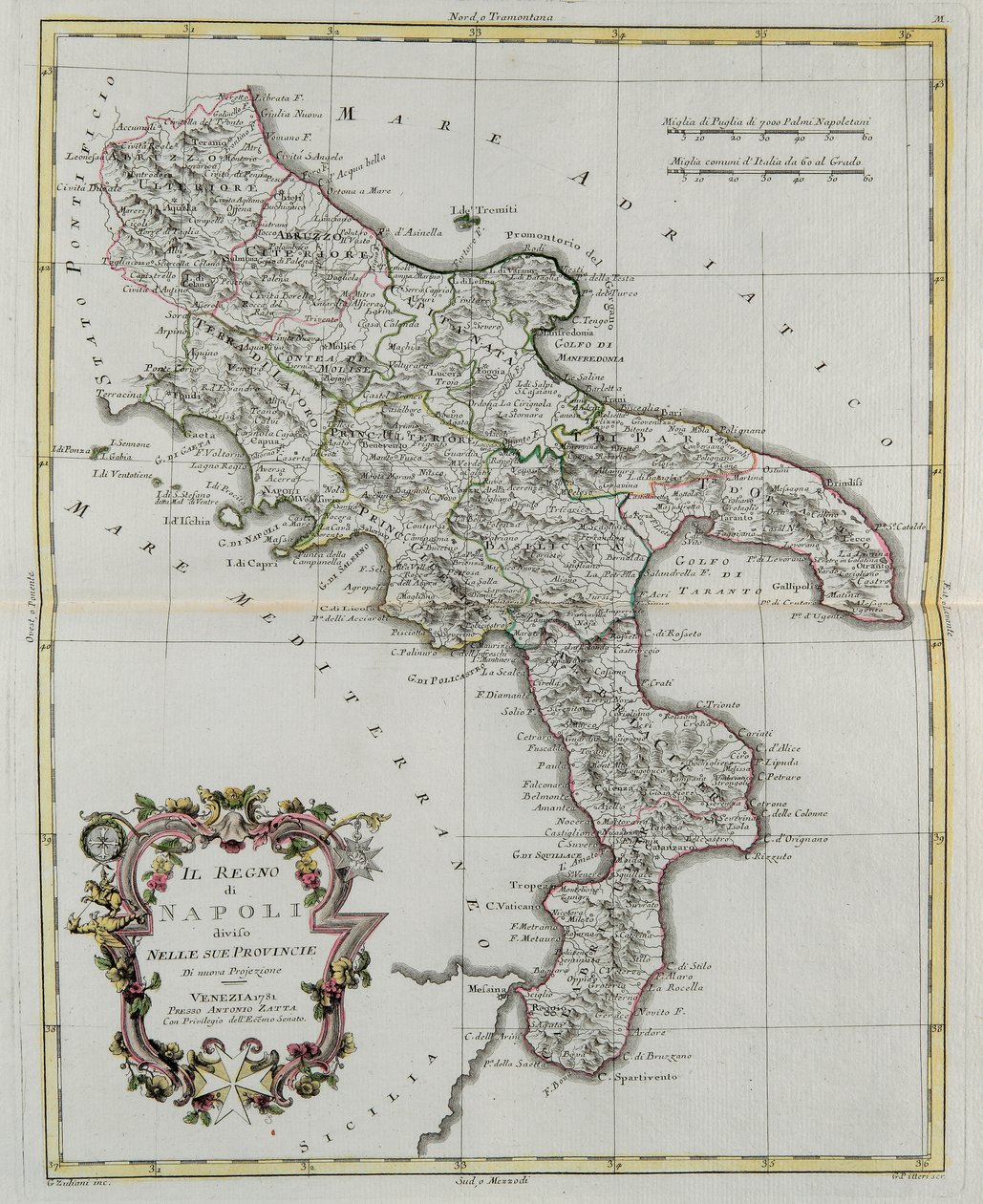 Napolin kuningaskunta jaettu provinsseihinsa, G. Zulianin kaiverrus Tome II:sta Venetsiassa vuonna 1781 julkaistusta Antonio Zattan "Uusimasta atlasesta", yksityiskokoelma tekijältä G. Zuliani