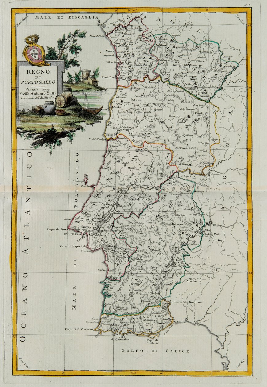 Portugalin kuningaskunta, G. Zulianin kaiverrus otettu Antonio Zattan vuonna 1776 Venetsiassa julkaistun uusimman atlasin Tome I:stä, yksityinen kokoelma tekijältä G. Zuliani