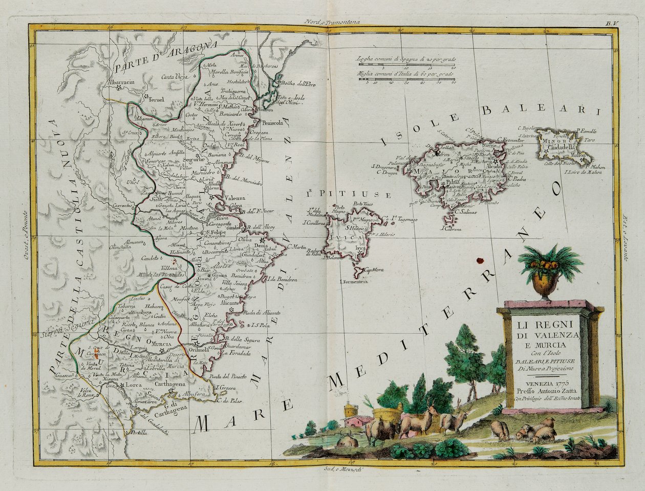 Valencian ja Murcian kuningaskunnat Baleari- ja Pitiusesaarten kanssa, G. Zulianin kaiverrus otettu Antonio Zattan Venetsiassa vuonna 1775 julkaistun uusimman atlasin Tome I:stä, yksityinen kokoelma tekijältä G. Zuliani