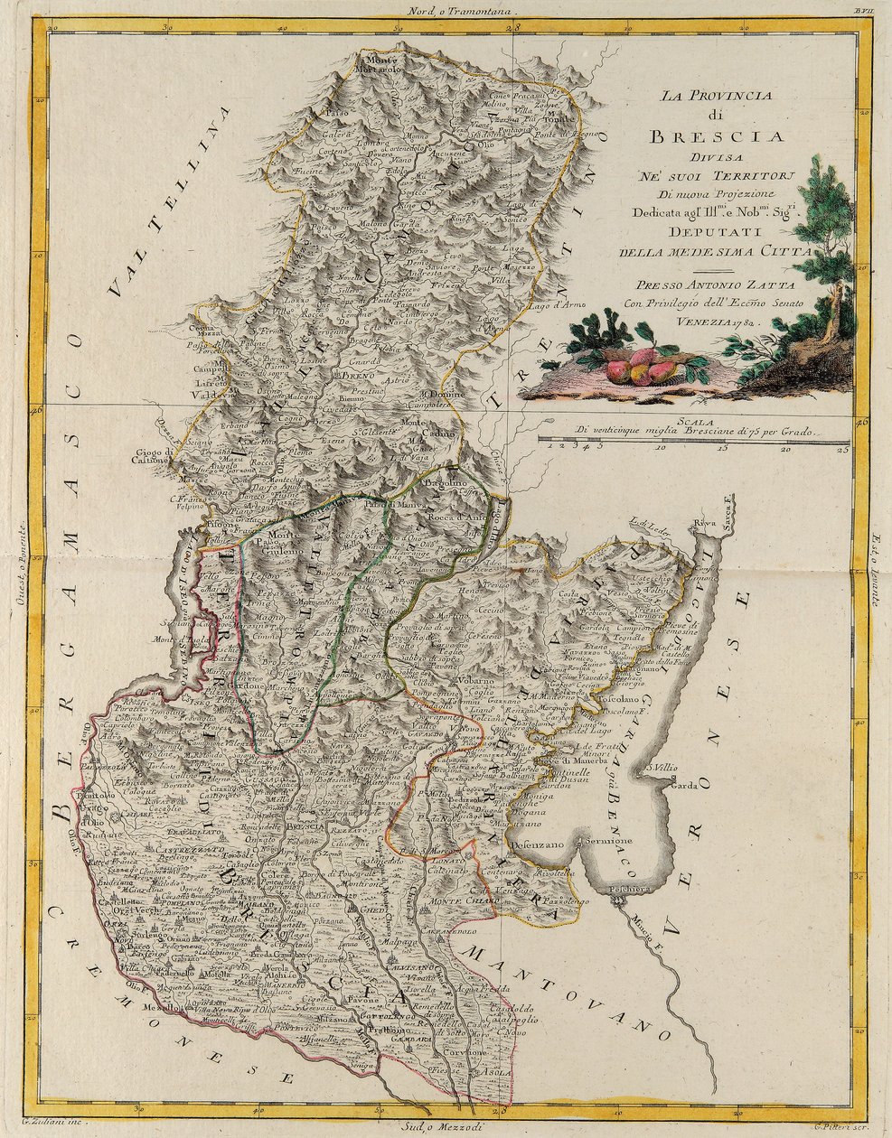 Veneton osavaltion maa-alue: Brescia, G. Zulianin kaiverrus Tome II:sta Venetsiassa vuonna 1783 julkaistusta Antonio Zattan "Uusimman atlasin" yksityiskokoelmasta tekijältä G. Zuliani
