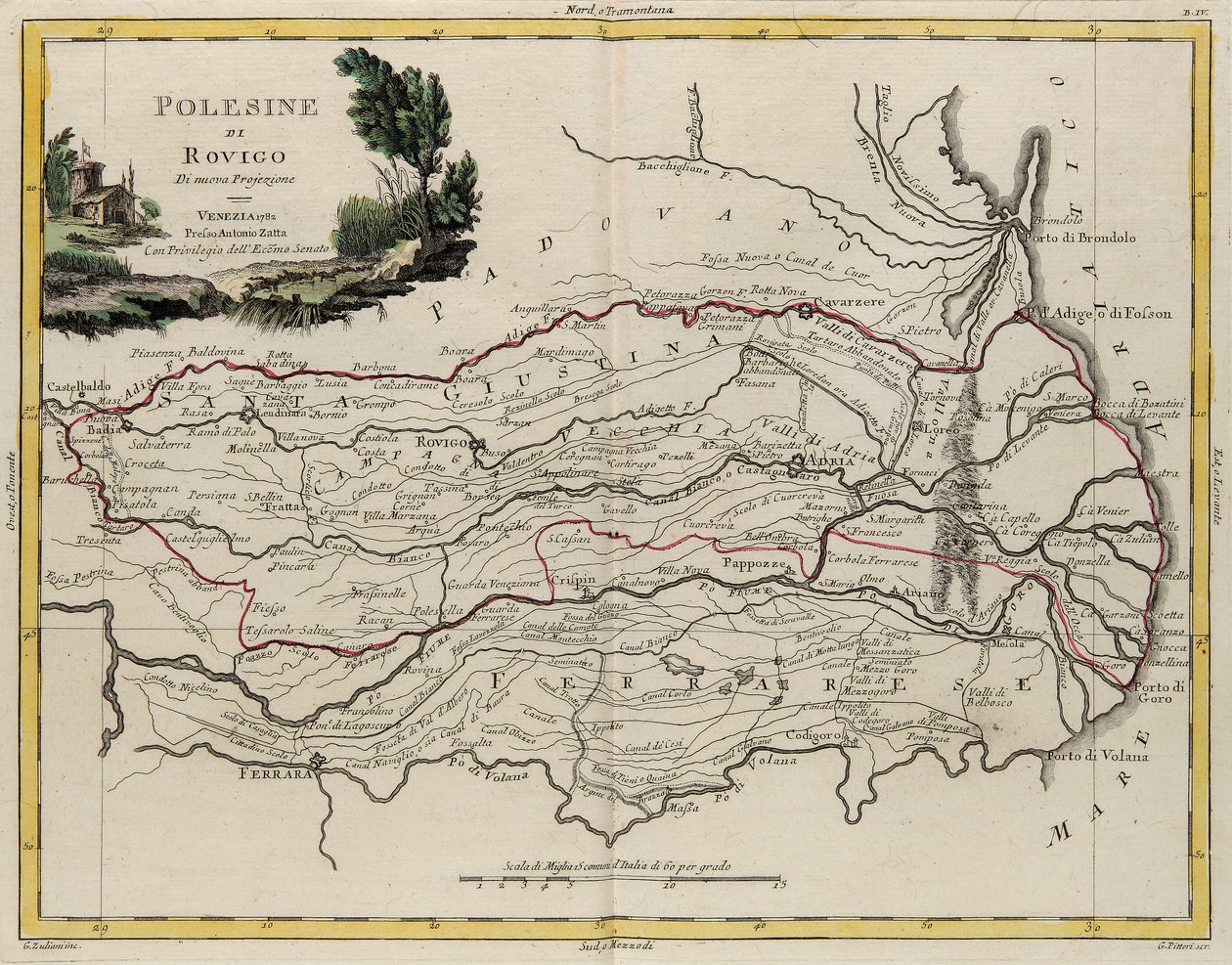 Veneton osavaltion maa-alue: Rovigon alue, G. Zulianin kaiverrus otettu Antonio Zattan Venetsiassa vuonna 1782 julkaiseman "Uusimman atlasin" Tome II:sta, yksityinen kokoelma tekijältä G. Zuliani