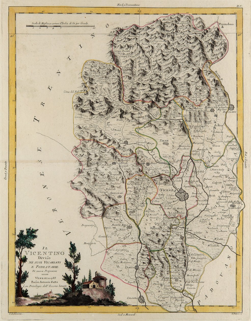 Veneton osavaltion maa-alue: Vicenzan alue, joka on jaettu sen piispakunnille ja maistraateille, G. Zulianin kaiverrus Tome II:sta Venetsiassa vuonna 1782 julkaistusta Antonio Zattan "uusimmasta atlasuksesta", yksityinen kokoelma tekijältä G. Zuliani