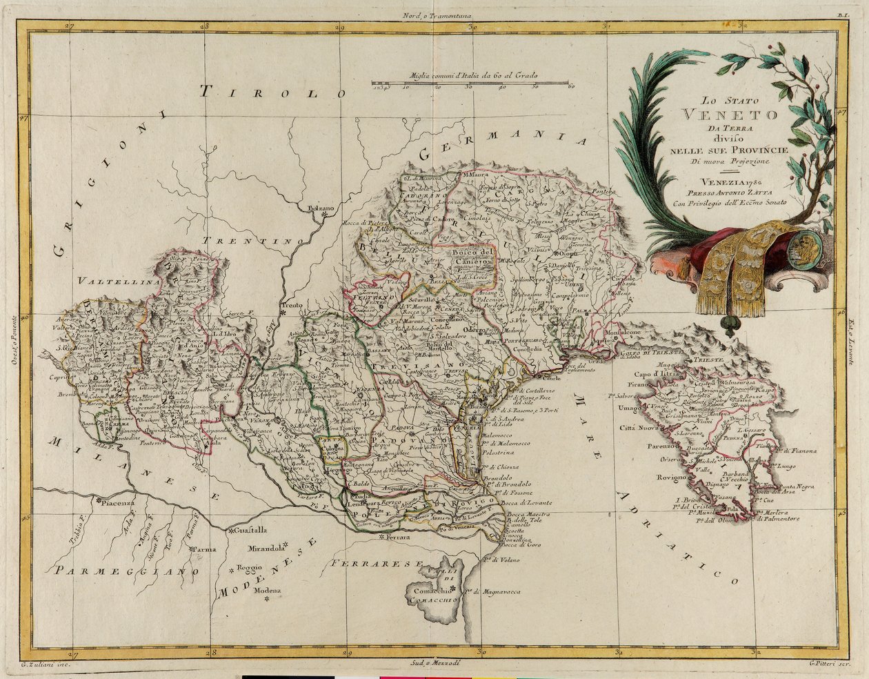 Veneton osavaltion maa-alue, jaettu sen provinsseihin, G. Zulianin kaiverrus otettu Tome II:sta Venetsiassa vuonna 1782 julkaistusta Antonio Zattan "uusimmista atlasista", yksityinen kokoelma tekijältä G. Zuliani