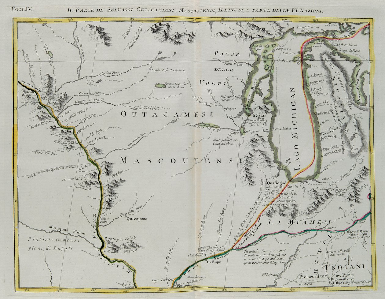 Outagamien maa, Mascoutin, Illinoisin intiaanit ja osa kuudesta kansakunnasta, G. Zulianin kaiverrus Tome I:stä Venetsiassa vuonna 1778 julkaistusta Antonio Zattan "uusimmista atlasista", yksityiskokoelma tekijältä G. Zuliani
