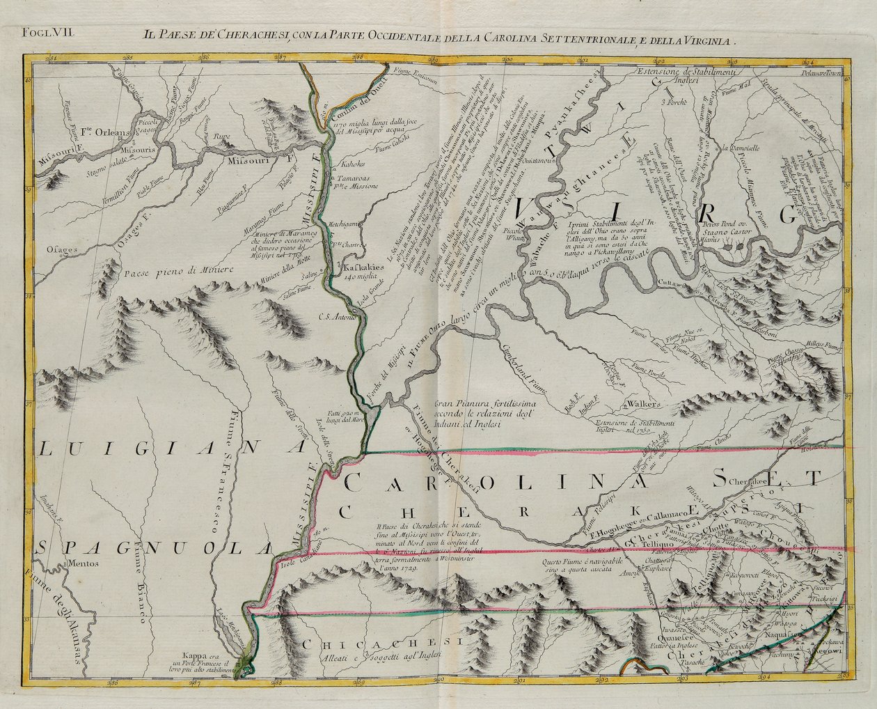 Cherokien maa Pohjois-Carolinan ja Virginian länsiosien kanssa, G. Zulianin kaiverrus Tome I:stä Venetsiassa vuonna 1778 julkaistusta Antonio Zattan "uusimmasta atlasuksesta", yksityinen kokoelma tekijältä G. Zuliani