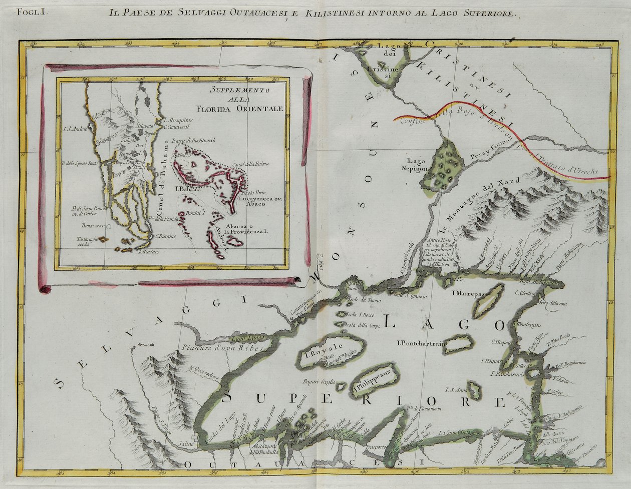 Ottawan ja Kilistiinien intiaanien maa Superior-järven ympärillä ja Itä-Floridan lisäys, G. Zulianin kaiverrus Tome I:stä Venetsiassa vuonna 1778 julkaistusta "Uusimasta atlasesta", Antonio Zatta, yksityinen kokoelma tekijältä G. Zuliani