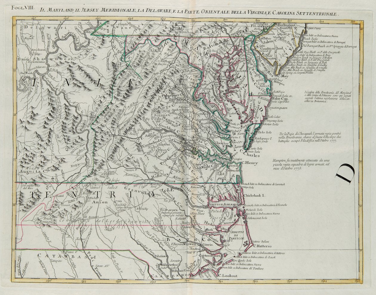 Maryland, Etelä-New Jersey, Delaware ja Virginian ja Pohjois-Carolinan itäosa, G. Zulianin kaiverrus otettu Tome I:stä Venetsiassa vuonna 1778 julkaistusta Antonio Zattan "uusimmista atlasista", yksityinen kokoelma tekijältä G. Zuliani