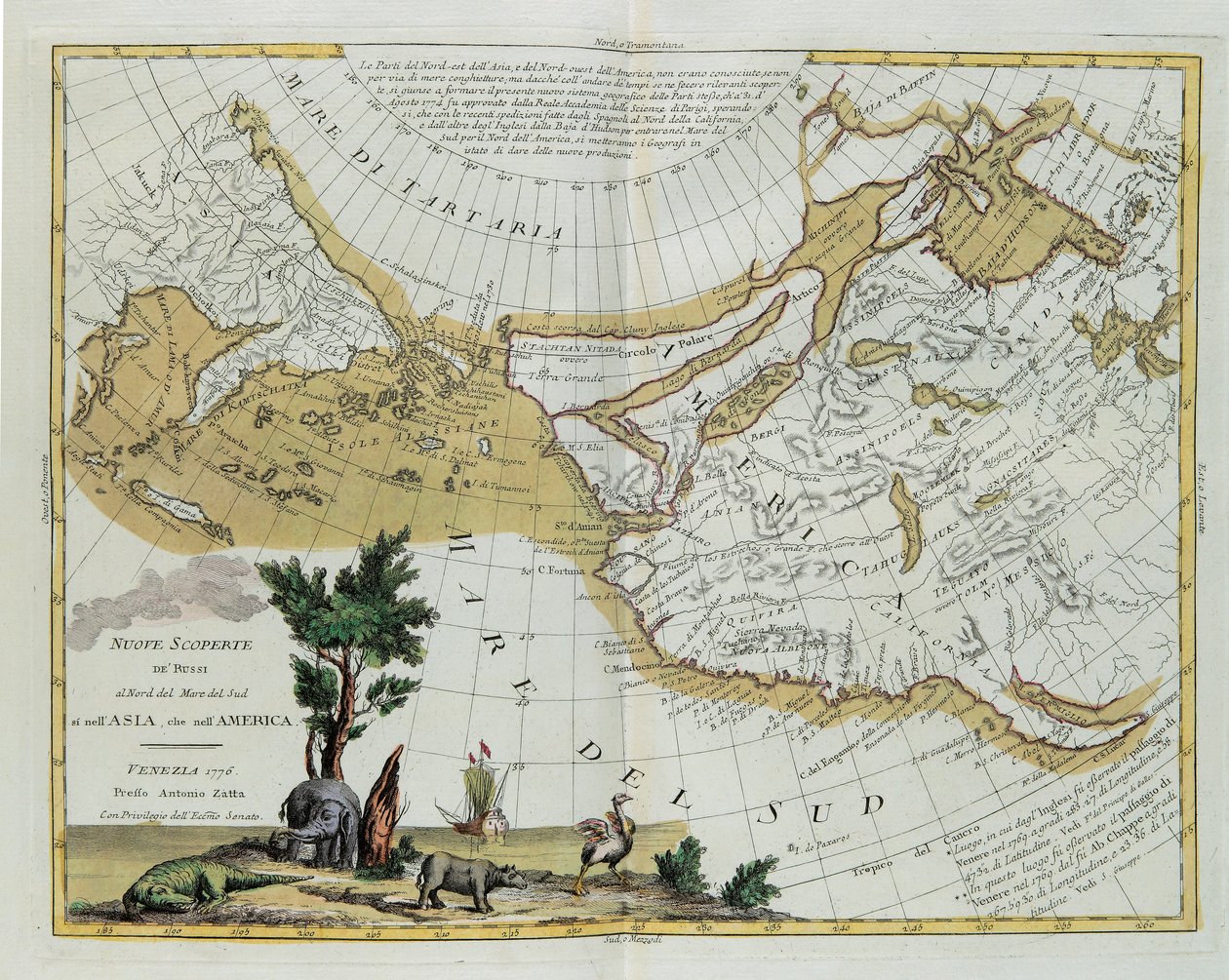 Venäläisten uusia löytöjä Etelämeren pohjoispuolella. sekä Aasiassa että Amerikassa, G. Zulianin kaiverrus, joka on otettu Antonio Zattan Venetsiassa vuonna 1776 julkaisemasta uusimman atlasin Tome I:stä, tekijältä G. Zuliani