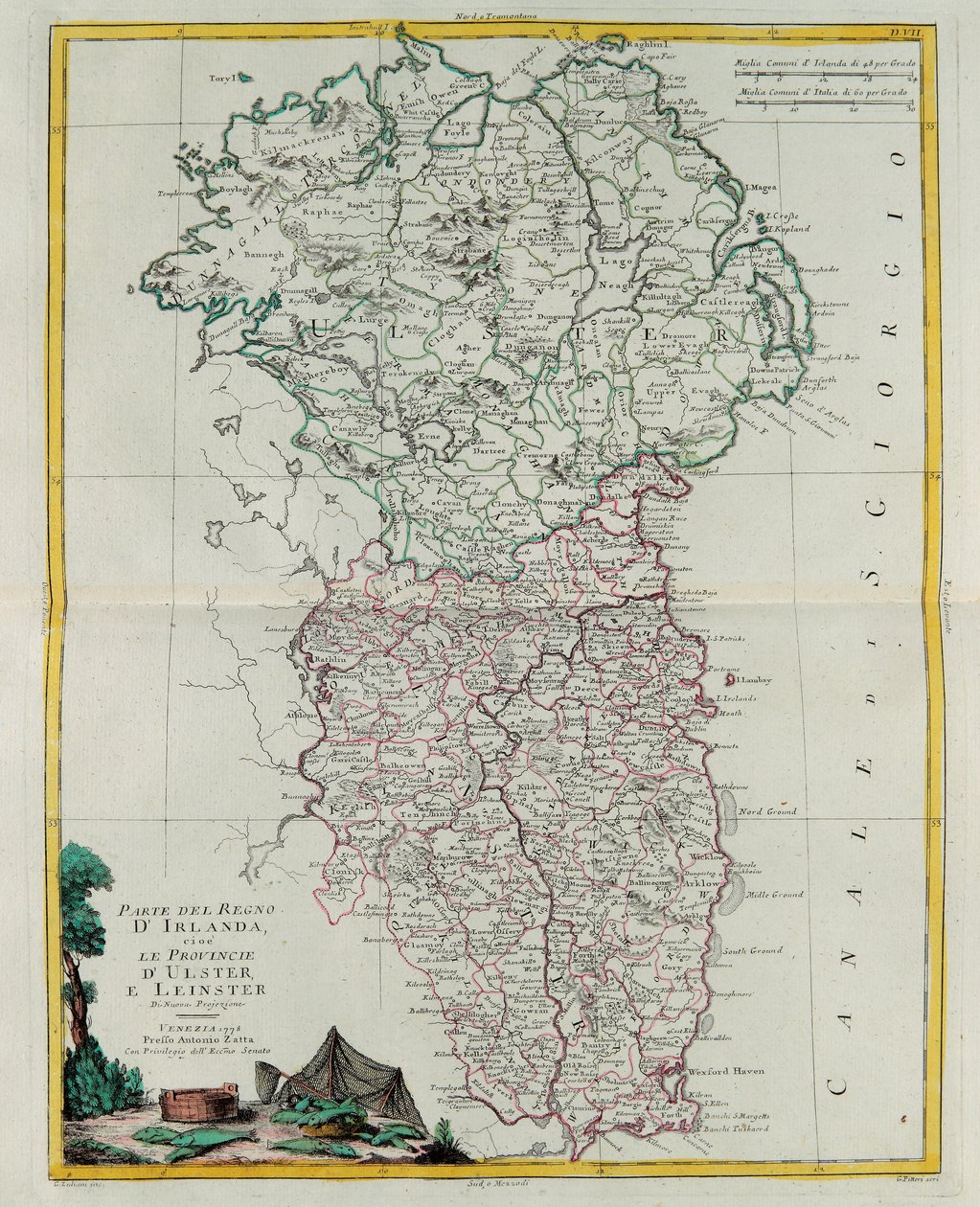 Osa Irlannin kuningaskuntaa, toisin sanoen Ulsterin ja Leinsterin provinssit, G. Zulianin kaiverrus Tome I:stä Venetsiassa vuonna 1778 julkaistusta Antonio Zattan "Uusimasta atlasesta", yksityiskokoelma tekijältä G. Zuliani