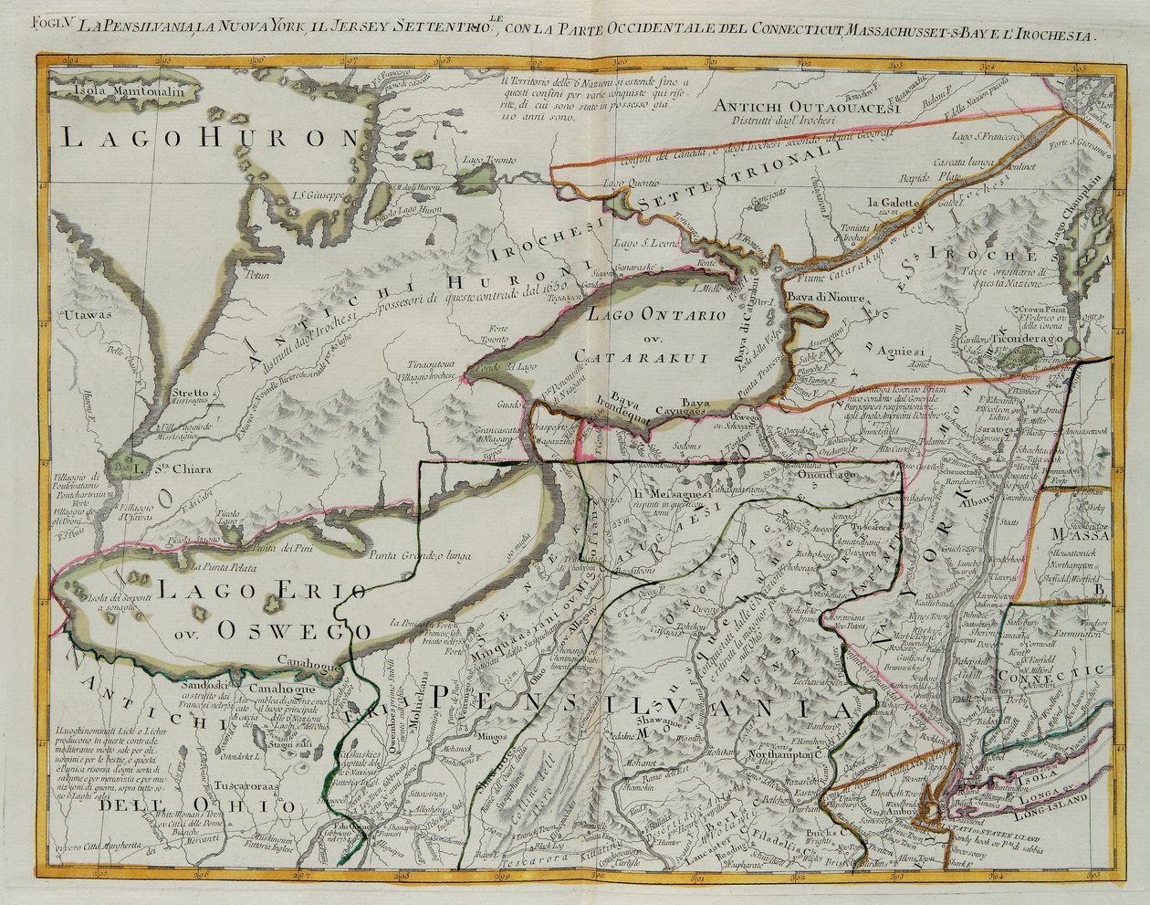 Pennsylvania, New York, Etelä-New Jersey, Connecticutin länsiosat, Massachusetts Bay ja Irokeesien maa, G. Zulianin kaiverrus Tome I:stä Venetsiassa vuonna 1778 julkaistusta "Uusimasta atlasesta", Antonio Zatta, yksityinen kokoelma tekijältä G. Zuliani