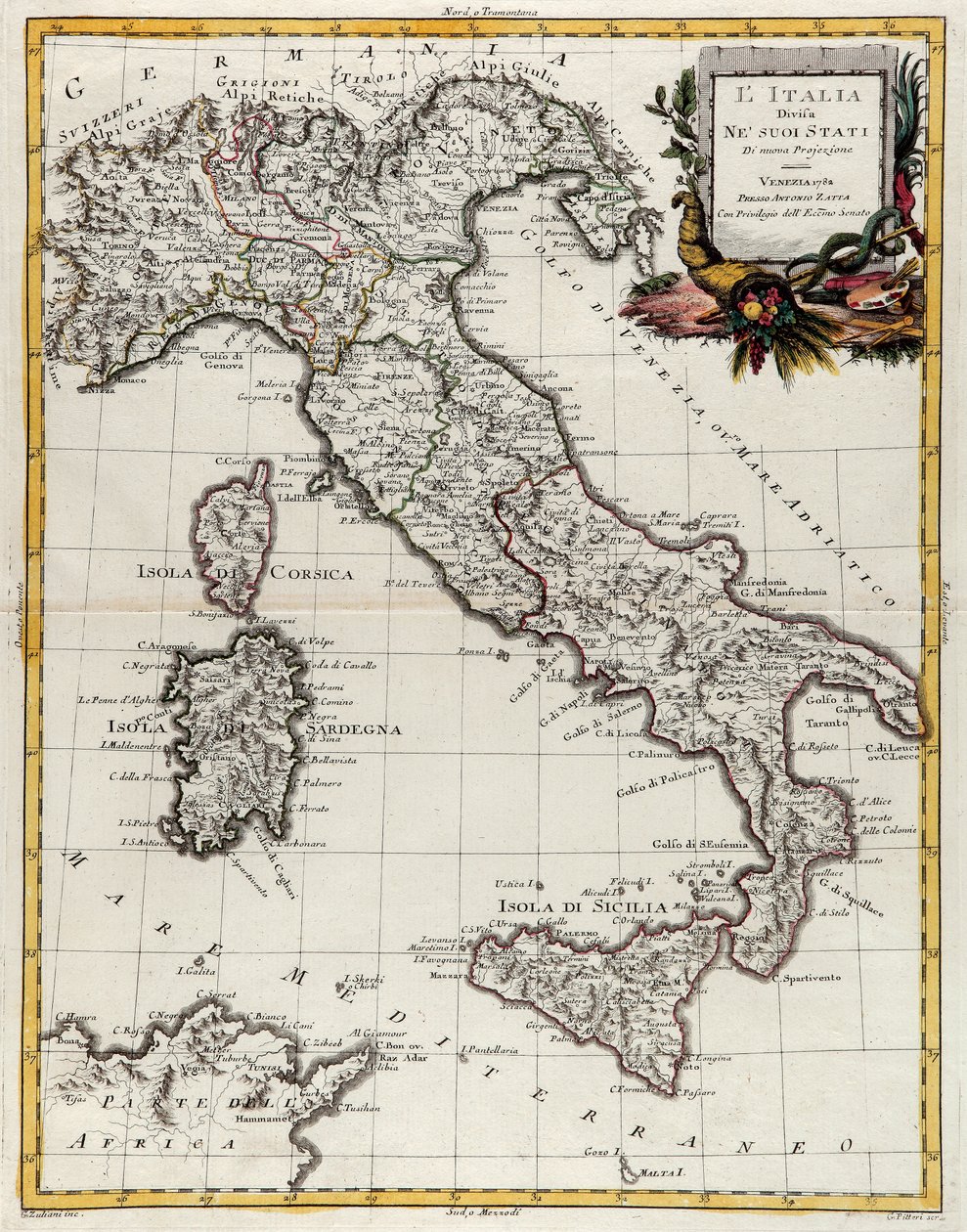 Italian poliittinen kartta, G. Zulianin kaiverrus otettu Antonio Zattan Venetsiassa vuonna 1782 julkaiseman "Uusimman atlasin" Tome II:sta, yksityinen kokoelma tekijältä G. Zuliani