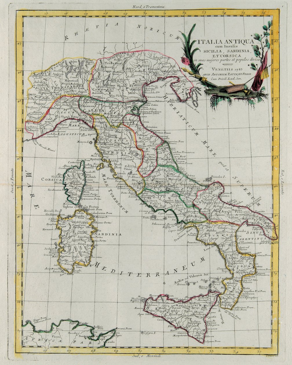 Italian poliittinen kartta, kaiverrettu G. Zuliani, otettu "Novissimo Atlas" -julkaisun IV osasta, jonka Venetsiassa julkaisi vuonna 1785 Antonio Zatta, yksityinen kokoelma tekijältä G. Zuliani