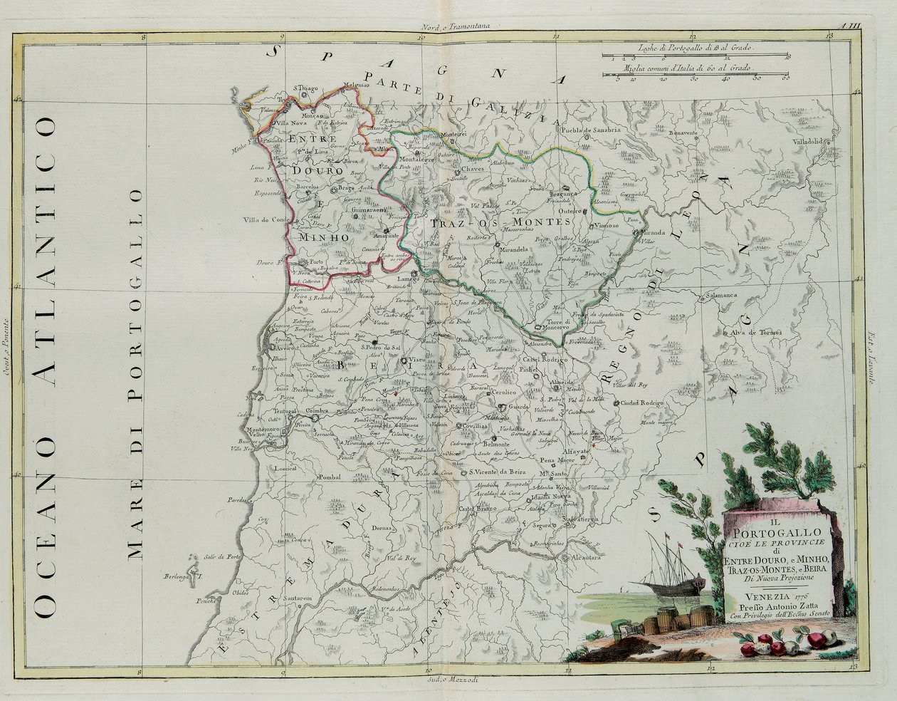Portugali eli Entre Douron, Minhon, Traz-os-Montesin ja Beirin provinssit, G. Zulianin kaiverrus otettu Venetsiassa vuonna 1776 julkaistun uusimman atlasin Tome I:stä, jonka on kirjoittanut Antonio Zatta, Private Coll. tekijältä G. Zuliani