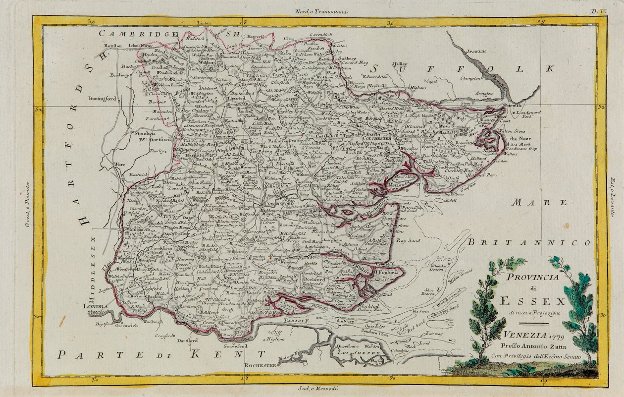 Essexin maakunta, G. Zulianin kaiverrus otettu Tome I:stä Venetsiassa vuonna 1779 julkaistusta Antonio Zattan "uusimmista atlasista", yksityiskokoelma tekijältä G. Zuliani