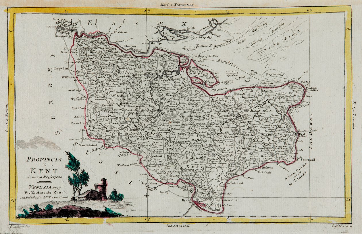 Kentin maakunta, G. Zulianin kaiverrus Tome I:stä Venetsiassa vuonna 1779 julkaistusta "Uusimasta atlasesta", jonka Antonio Zatta julkaisi, yksityinen kokoelma tekijältä G. Zuliani
