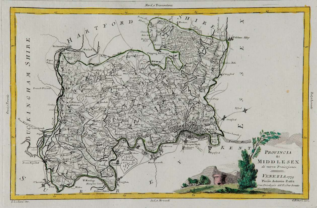 Middlesexin maakunta, G. Zulianin kaiverrus otettu Tome I:stä Venetsiassa vuonna 1779 julkaistusta "Uusimasta atlasesta", jonka Antonio Zatta, yksityinen kokoelma tekijältä G. Zuliani