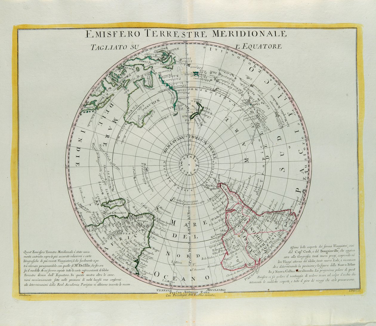 Maan eteläinen pallonpuolisko leikattu päiväntasaajalta, G. Zulianin kaiverrus otettu uusimman atlasin Tome I:stä, jonka Antonio Zatta julkaisi Venetsiassa vuonna 1779 tekijältä G. Zuliani