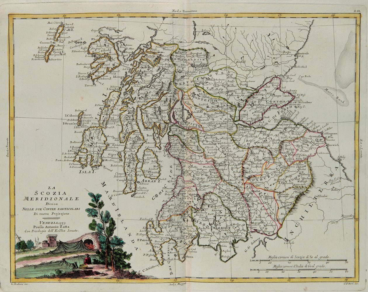 Etelä-Skotlanti jaettu kreivikuntiinsa, G. Zulianin kaiverrus Tome I:stä Venetsiassa vuonna 1779 julkaistusta Antonio Zattan yksityiskokoelmasta "Uusimman atlas" tekijältä G. Zuliani