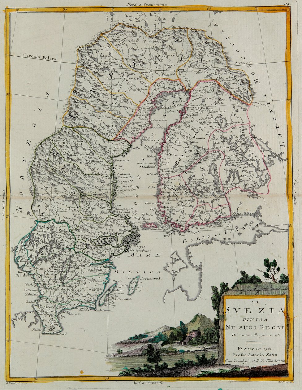 Ruotsi jaettu kuningaskuntiinsa, G. Zulianin kaiverrus Tome III:sta Venetsiassa vuonna 1781 julkaistusta Antonio Zattan yksityiskokoelmasta "Uusimman atlas" tekijältä G. Zuliani