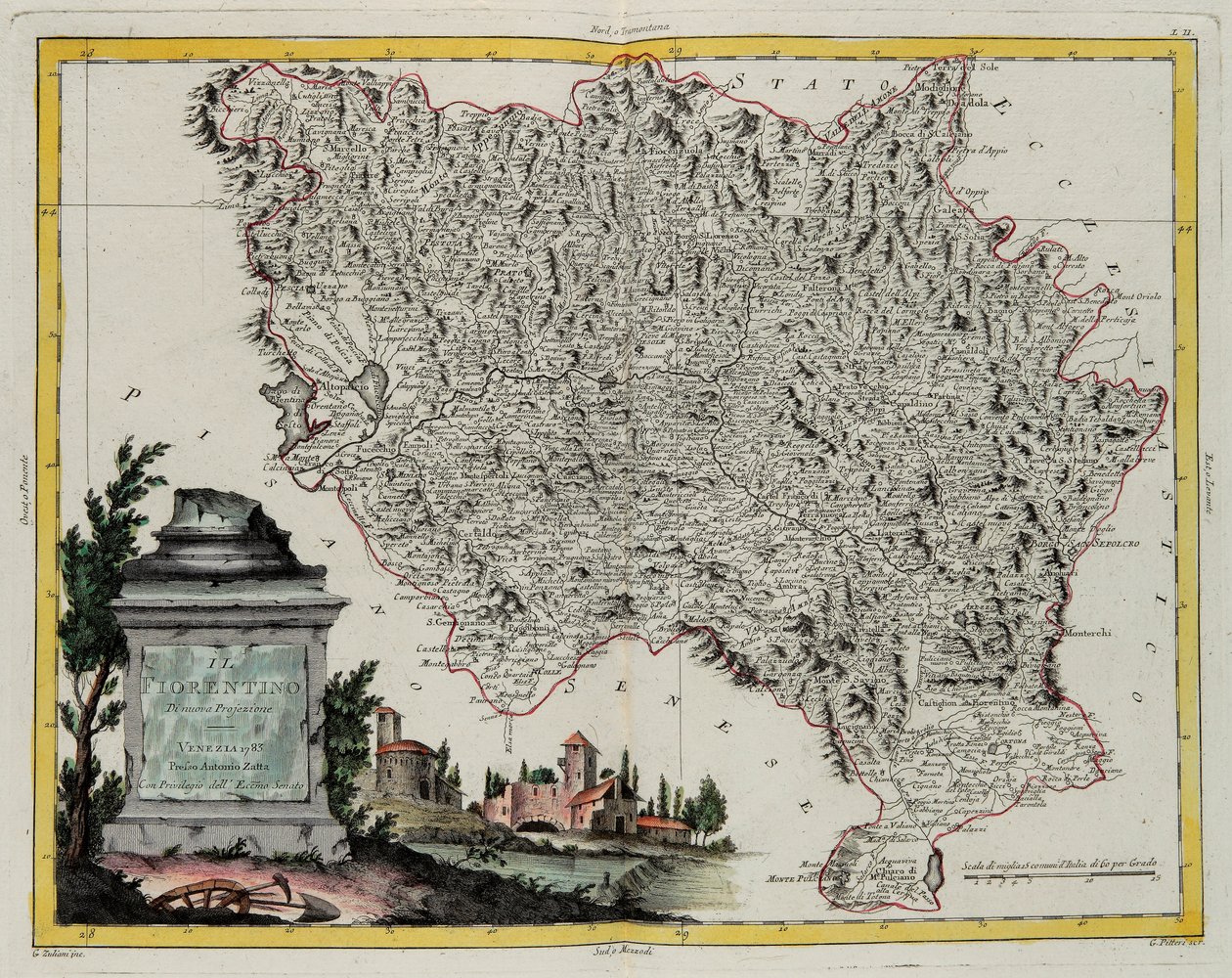 Firenzen alue, G. Zulianin kaiverrus otettu Antonio Zattan Venetsiassa vuonna 1783 julkaiseman "Uusimman atlasin" Tome II:sta, yksityinen kokoelma tekijältä G. Zuliani