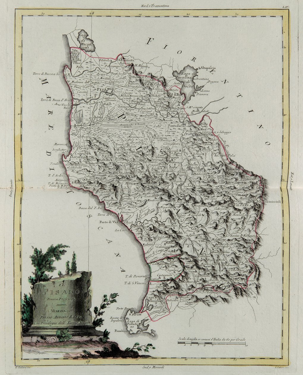 Pisan alue, G. Zulianin kaiverrus otettu Antonio Zattan Venetsiassa vuonna 1783 julkaiseman "Uusimman atlasin" Tome II:sta, yksityinen kokoelma tekijältä G. Zuliani