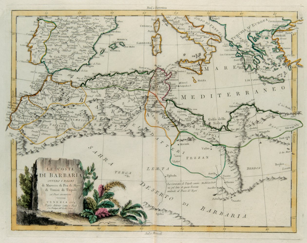 Barbary Coast eli Marokon, Fezin, Algerian, Tunisian ja Tripolin kuningaskunnat naapurimaiden kanssa, G. Zulianin kaiverrus Tome IV:stä Venetsiassa vuonna 1784 julkaistusta Antonio Zattan "Uusimasta atlasesta", yksityiskokoelma tekijältä G. Zuliani