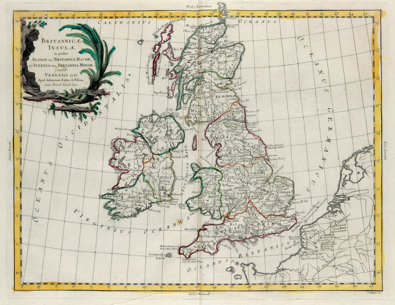 Brittisaaret, joissa sijaitsee Albion tai Iso-Britannia ja Ivernia tai Pieni-Britannia, G. Zulianin kaiverrus otettu Antonio Zattan Venetsiassa vuonna 1785 julkaisemasta uusimman atlasin Tome I:stä tekijältä G. Zuliani