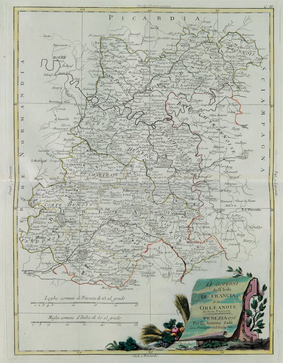 Ile de Francen ja Orleansin hallinnot, G. Zulianin kaiverrus otettu Venetsiassa vuonna 1776 julkaistun uusimman atlasin Tome I:stä, Antonio Zatta, yksityinen kokoelma tekijältä G. Zuliani