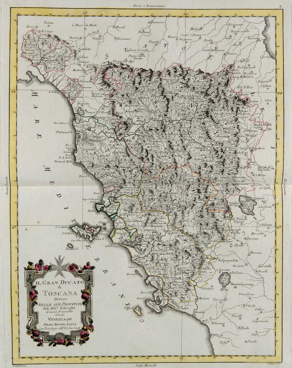 Toscanan suurherttuakunta jaettu provinsseihinsa, G. Zulianin kaiverrus Tome II:sta Venetsiassa vuonna 1783 julkaistusta Antonio Zattan "uusimmasta atlasuksesta", yksityiskokoelma tekijältä G. Zuliani