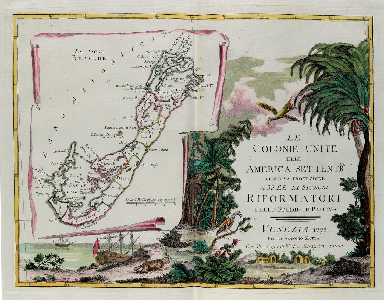 Bermudan saaret ja Pohjois-Amerikan yhdistyneille siirtomaille omistetun osion etuosa, G. Zulianin kaiverrus, joka on otettu Tome I:stä Venetsiassa vuonna 1778 julkaistusta Antonio Zattan yksityiskokoelmasta "Uusimman atlas" tekijältä G. Zuliani