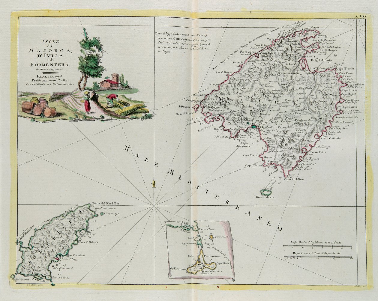 Mallorcan, Ivican ja Formenteran saaret, G. Zulianin kaiverrus otettu Antonio Zattan Venetsiassa vuonna 1778 julkaiseman "Uusimman atlasin" Tome I:stä, yksityinen kokoelma tekijältä G. Zuliani