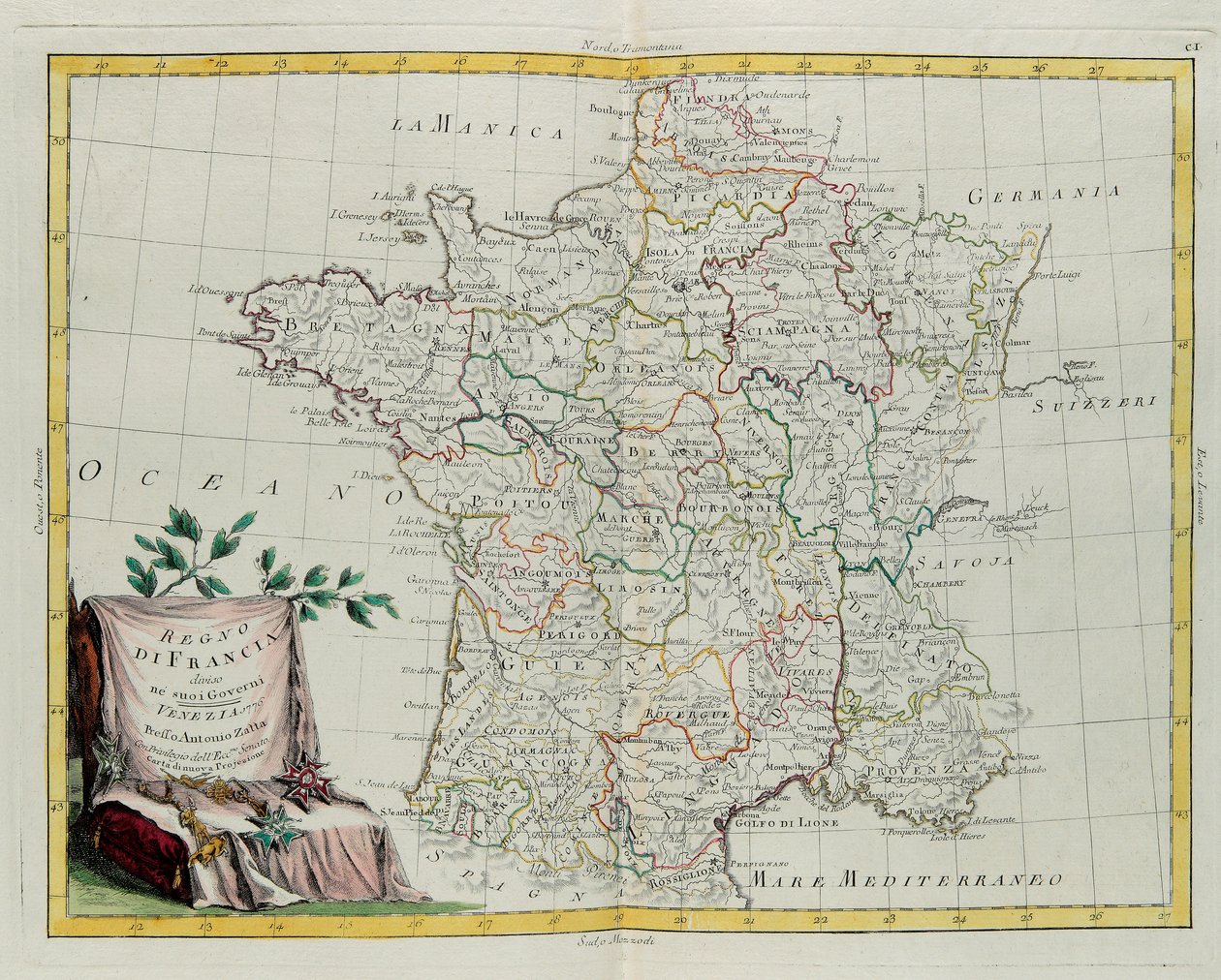 Ranskan kuningaskunta jakautui hallintoihinsa, G. Zulianin kaiverrus otettu Antonio Zattan Venetsiassa vuonna 1776 julkaiseman uusimman atlasin Tome I:stä, yksityinen kokoelma tekijältä G. Zuliani