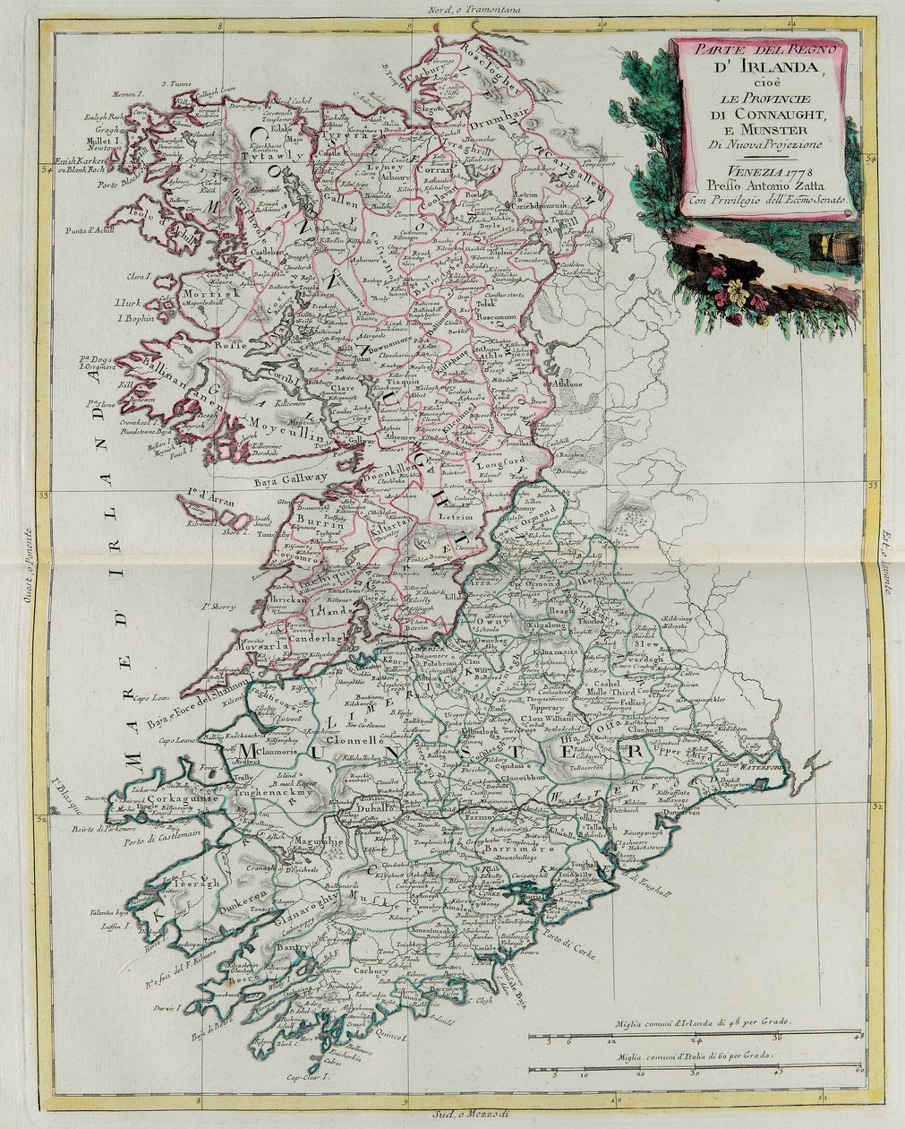 Irlannin kuningaskunta, Munsterin ja Connaughtin maakunnat, G. Zulianin kaiverrus on Antonio Zattan vuonna 1778 Venetsiassa julkaiseman Atlas Novissimon I osasta, yksityiskokoelma tekijältä G. Zuliani