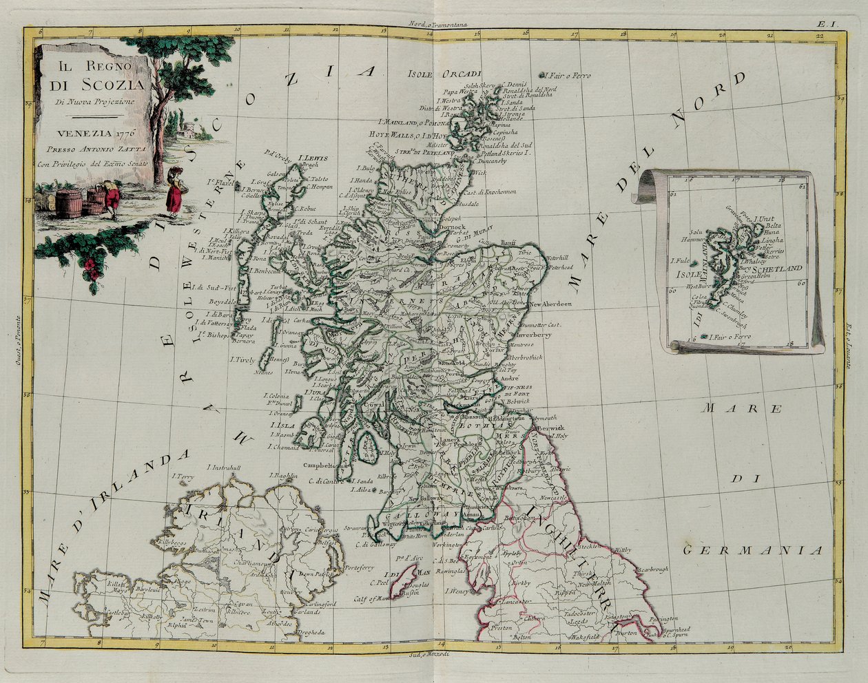 Skotlannin kuningaskunta, G. Zulianin kaiverrus, joka on otettu Venetsiassa vuonna 1776 julkaistun uusimman atlasin Tome I:stä, Antonio Zatta, yksityinen kokoelma tekijältä G. Zuliani