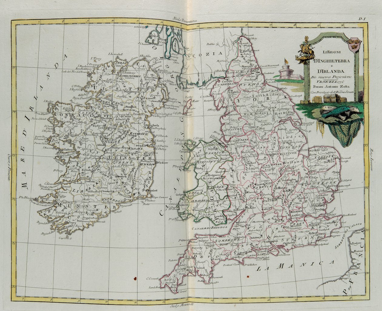 Englannin ja Irlannin kuningaskunnat, G. Zulianin kaiverrus otettu Antonio Zattan Venetsiassa vuonna 1776 julkaiseman uusimman atlasin Tome I:stä, yksityinen kokoelma tekijältä G. Zuliani