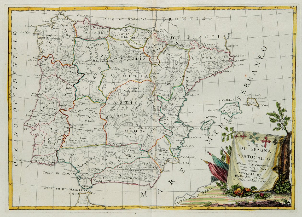 Espanjan ja Portugalin kuningaskunnat jaettu provinsseihinsa. G. Zulianin kaiverrus on otettu Venetsiassa vuonna 1775 julkaistun uusimman atlasin Tome I:stä, Antonio Zatta, yksityinen kokoelma tekijältä G. Zuliani
