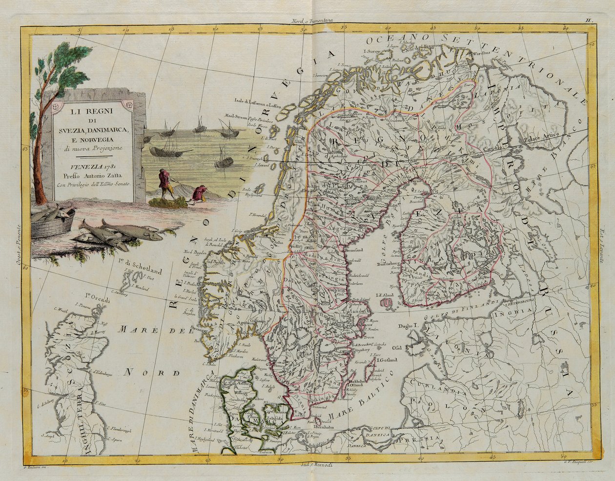 Ruotsin, Tanskan ja Norjan kuningaskunnat, G. Zulianin kaiverrus otettu Antonio Zattan Venetsiassa vuonna 1781 julkaiseman "Uusimman atlasin" Tome III:sta, yksityiskokoelma tekijältä G. Zuliani