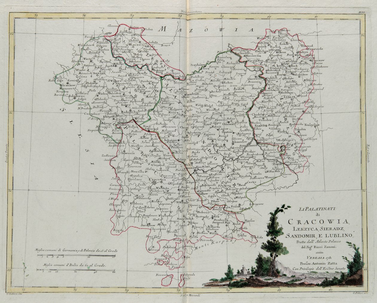 Krakovan Pfalz, Lekzyca, Sieradzin, Sandomirin ja Lublinin kaiverrus G. Zulianin kaiverruksesta Tome III:sta Venetsiassa vuonna 1781 julkaistusta Antonio Zattan "uusimmista atlasista", yksityiskokoelma tekijältä G. Zuliani
