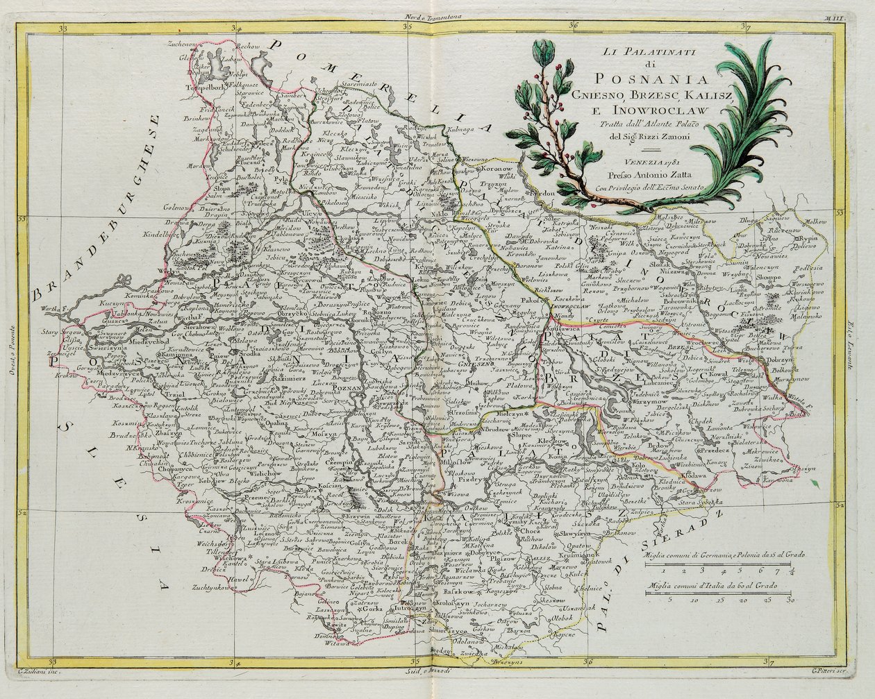 G. Zulianin kaivertama Posnanian, Gniesnon, Brzescin, Kaliszin ja Inovroclavin Pfalz, otettu Antonio Zattan Venetsiassa vuonna 1781 julkaiseman "Uusimman atlasin" osasta III, yksityinen kokoelma. tekijältä G. Zuliani