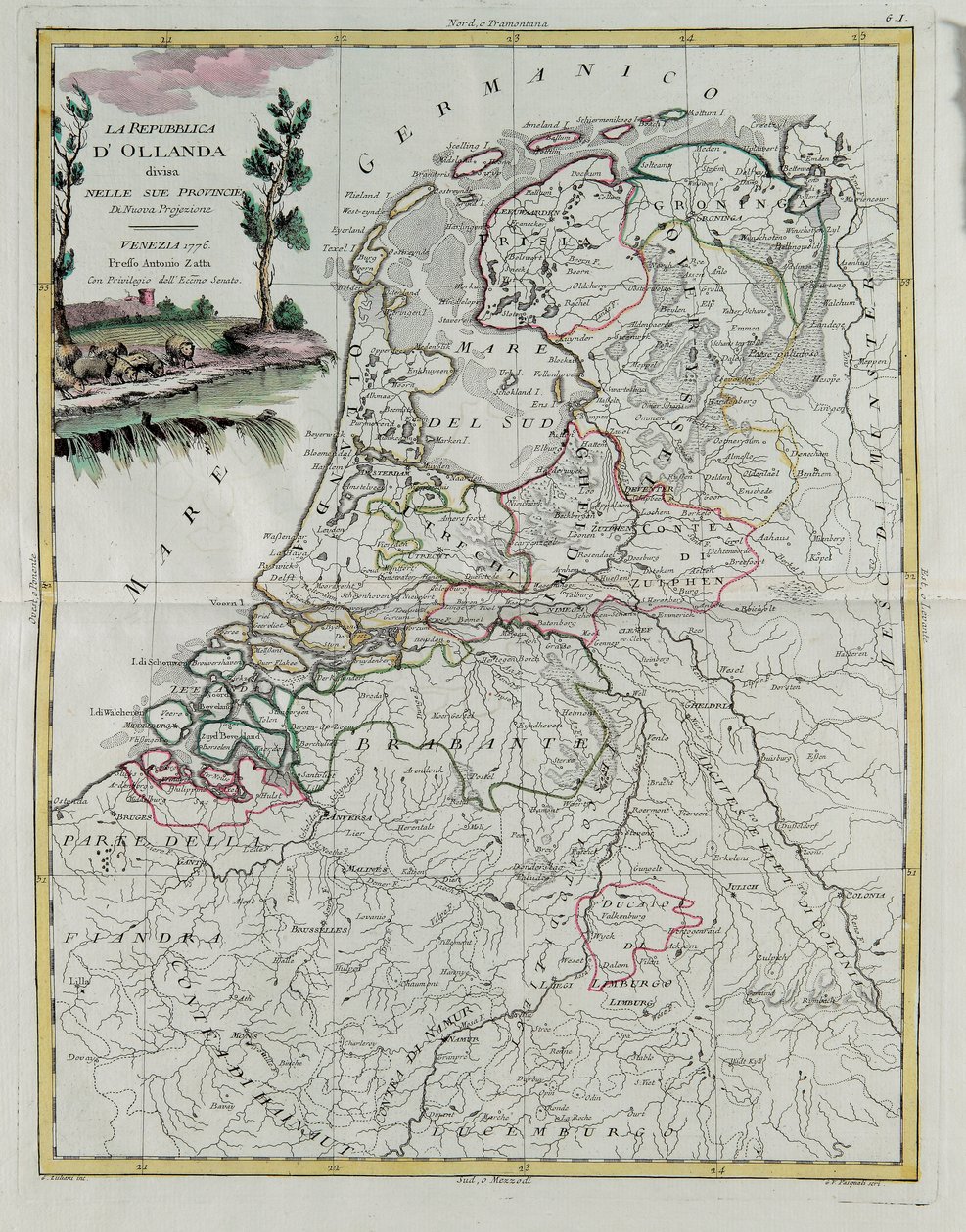 Hollannin tasavalta jaettu provinsseihinsa, G. Zulianin kaiverrus otettu Antonio Zattan Venetsiassa vuonna 1776 julkaiseman uusimman atlasin Tome I:stä, yksityinen kokoelma tekijältä G. Zuliani