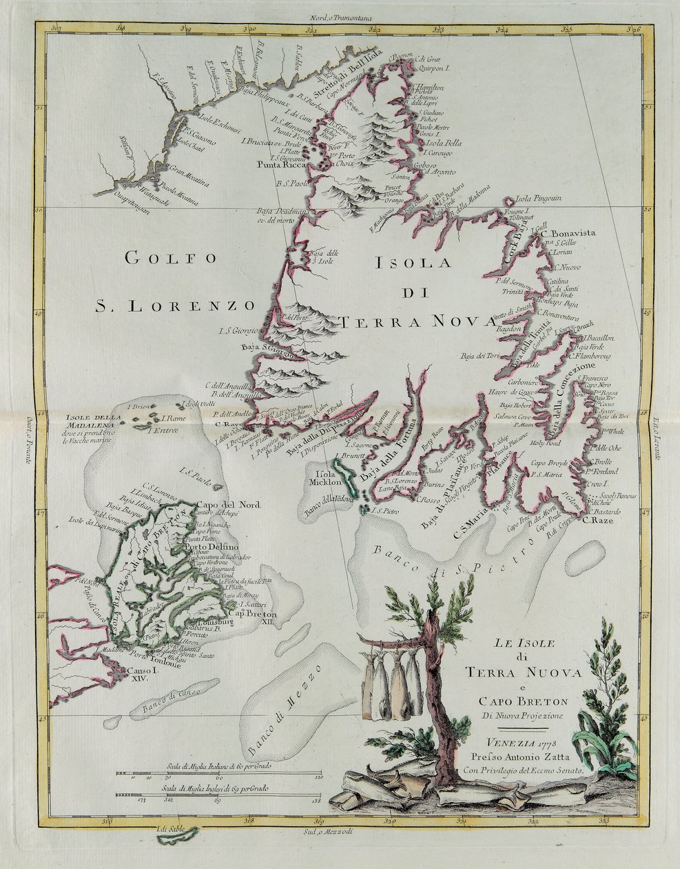 Newfoundlandin ja Cape Bretonin saaret, G. Zulianin kaiverrus Tome I:stä Venetsiassa vuonna 1778 julkaistusta "Uusimasta atlasesta", Antonio Zatta, yksityinen kokoelma tekijältä G. Zuliani