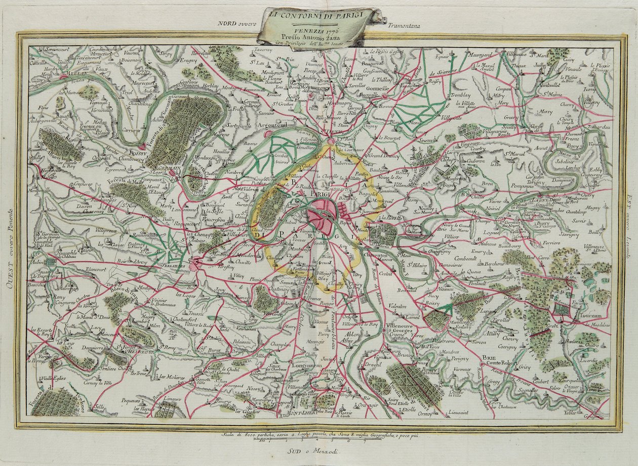 Pariisin ääriviivat, Ranskan ja Orleansin hallinnot, G. Zulianin kaiverrus otettu Antonio Zattan Venetsiassa vuonna 1776 julkaistun uusimman atlasin Tome I:stä, yksityinen kokoelma tekijältä G. Zuliani