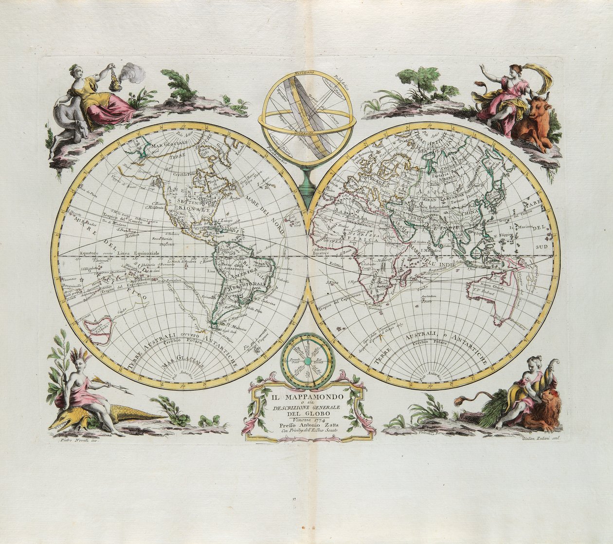 Maailmankartta ja yleinen kuvaus maapallosta, G. Zulianin kaiverrus otettu Antonio Zattan Venetsiassa vuonna 1774 julkaistun uusimman atlasin Tome I:stä tekijältä G. Zuliani