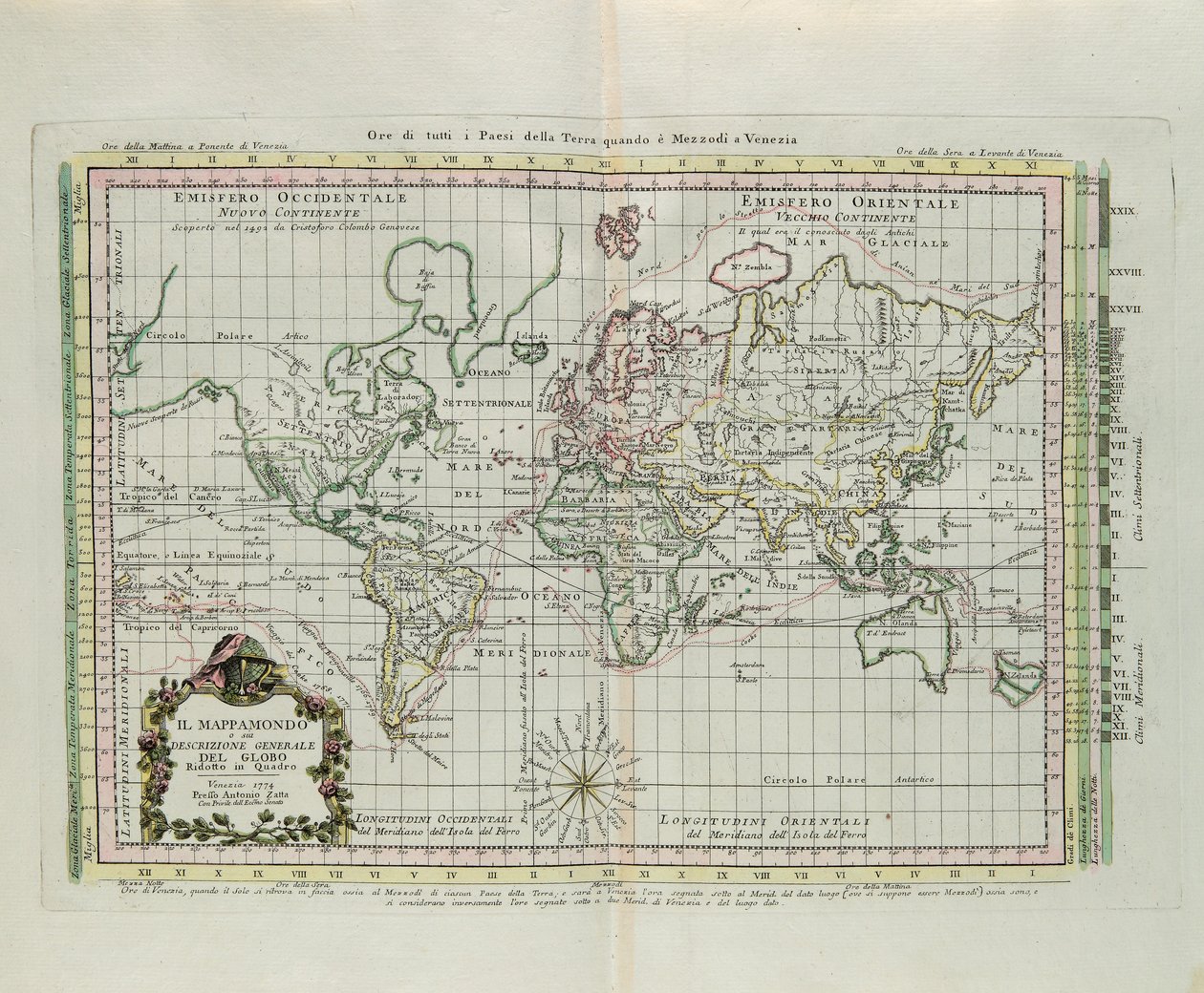 Maailmankartta ja maapallon yleinen kuvaus, kuvaksi pienennetty, G. Zulianin kaiverrus, joka on otettu Antonio Zattan Venetsiassa vuonna 1774 julkaiseman "Uusimman atlasin" Tome I:stä. tekijältä G. Zuliani