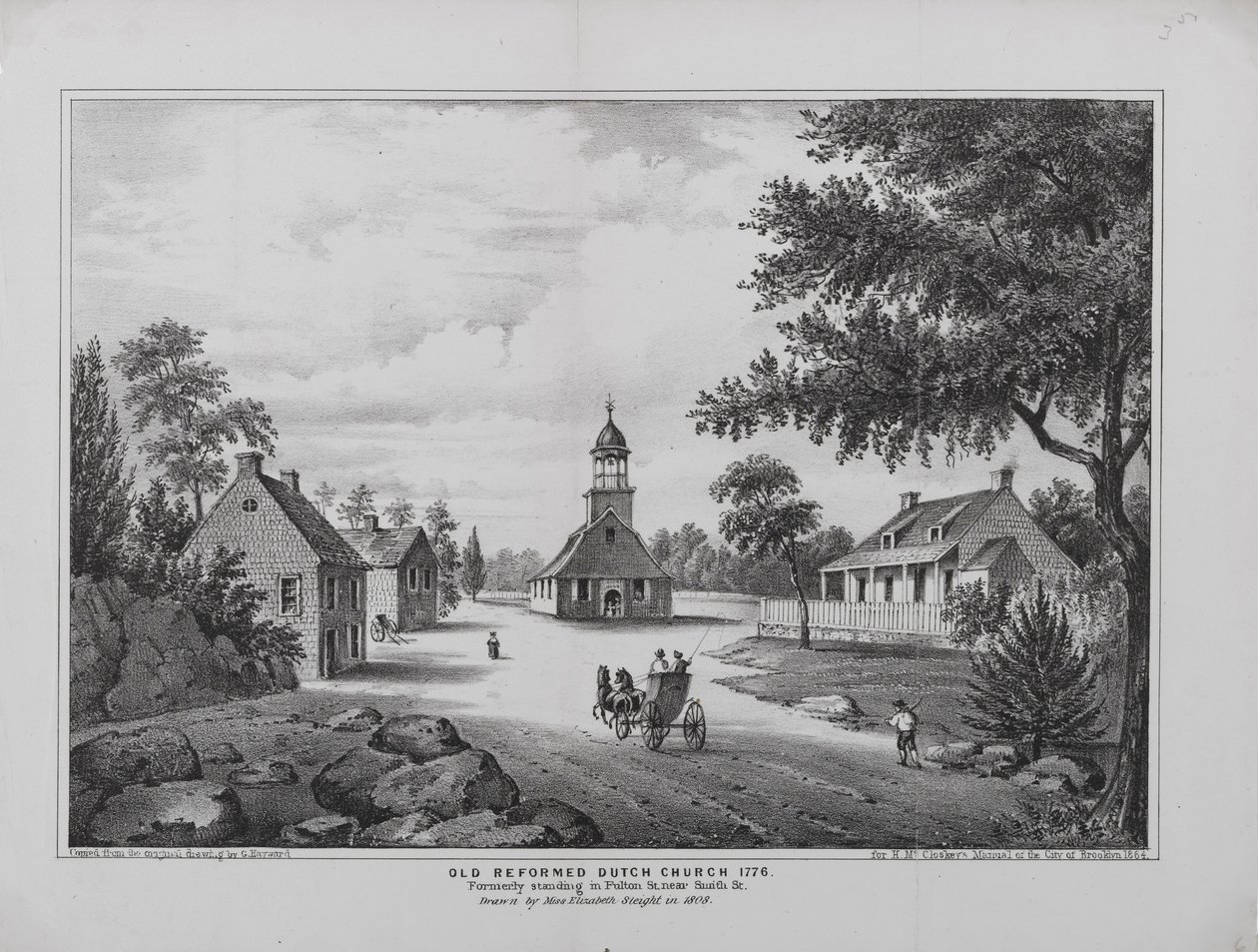 Vanha reformoitu hollantilainen kirkko vuonna 1776, piirtänyt neiti Elizabeth Sleight vuonna 1808, painettu H. McCloskeys Manuelille Brooklynin kaupungista, 1864 tekijältä G. after Hayward