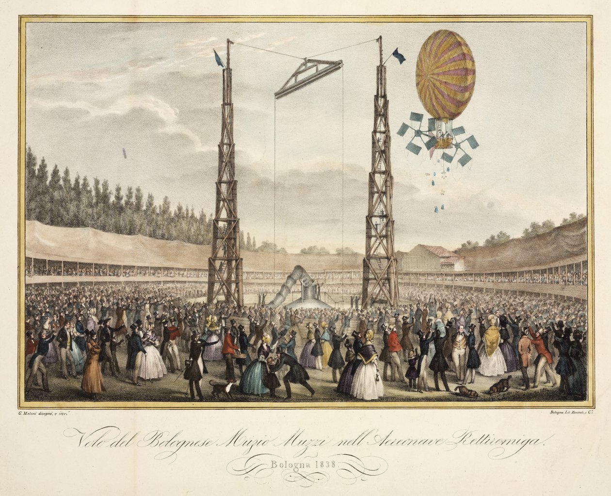 Bolognese Muzio Muzzin (1809-46) lento ilmalaiva Retirremigassa, 1838 tekijältä G. after Meloni